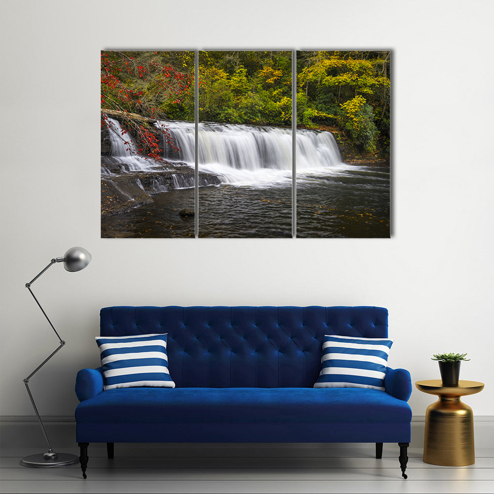 Dupont State Forest Waterfall Canvas Wall Art in white, gray and green, 3 panel horizontal set hung on a wall