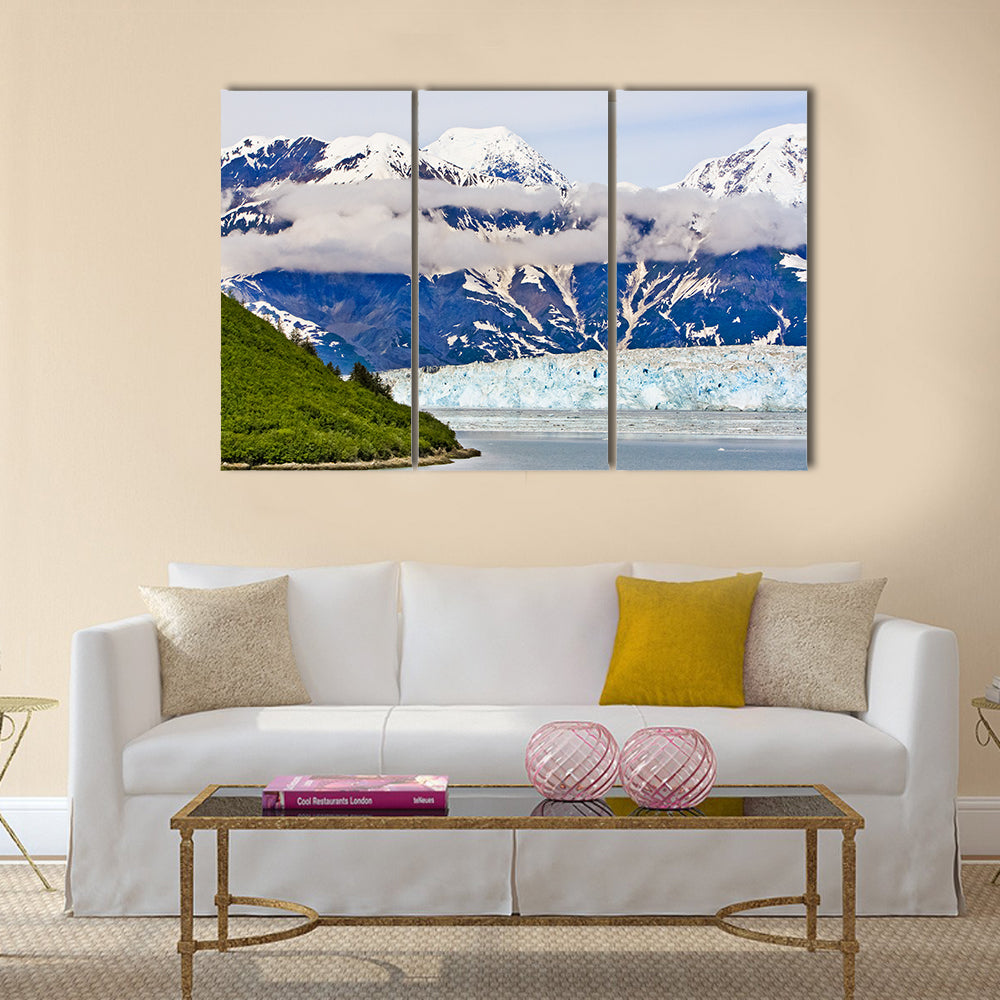 Haenke Island at Hubbard Glacier Canvas Wall Art in white, green and blue, 3 panel horizontal set hung on a wall