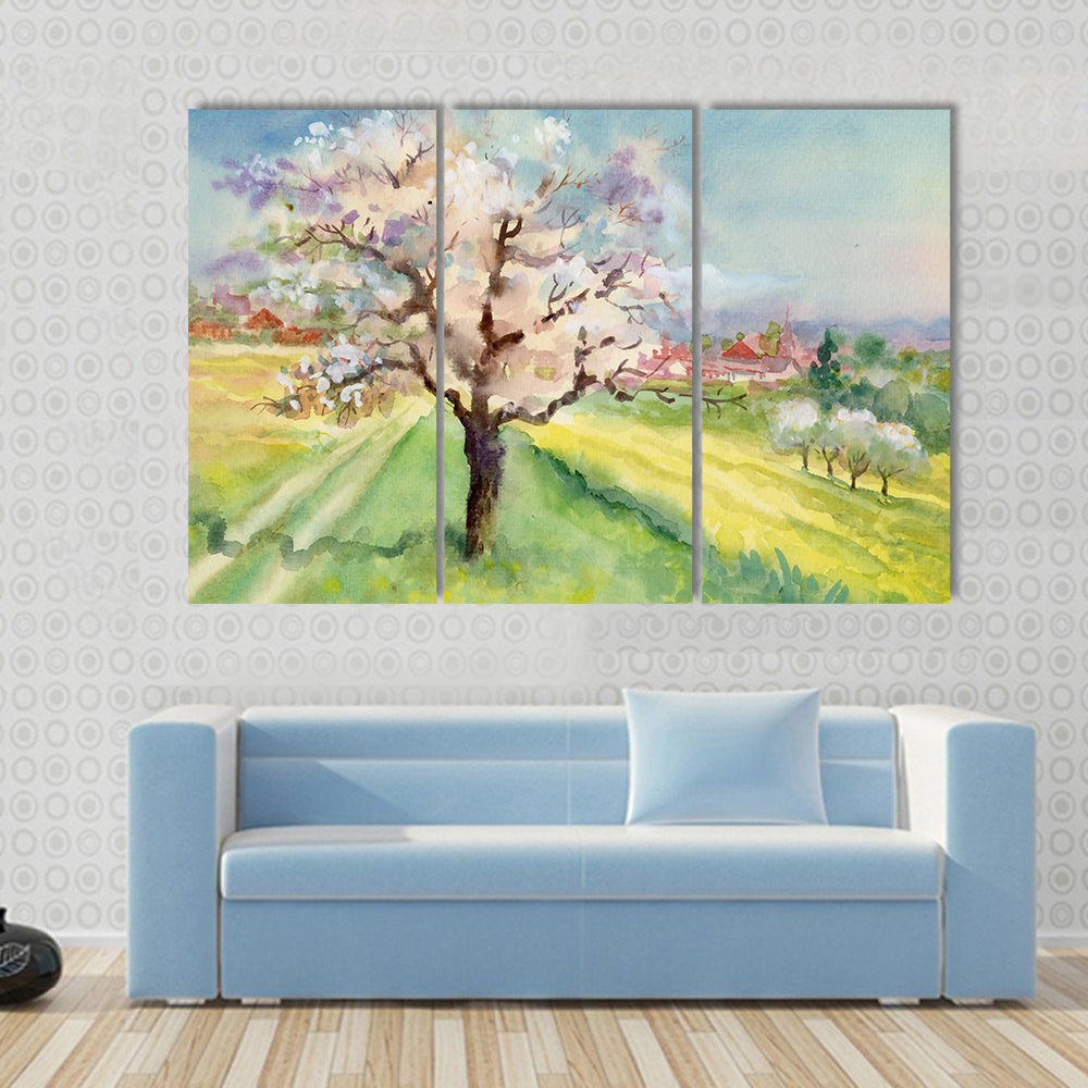 Village Life Watercolor Landscape Canvas Wall Art
