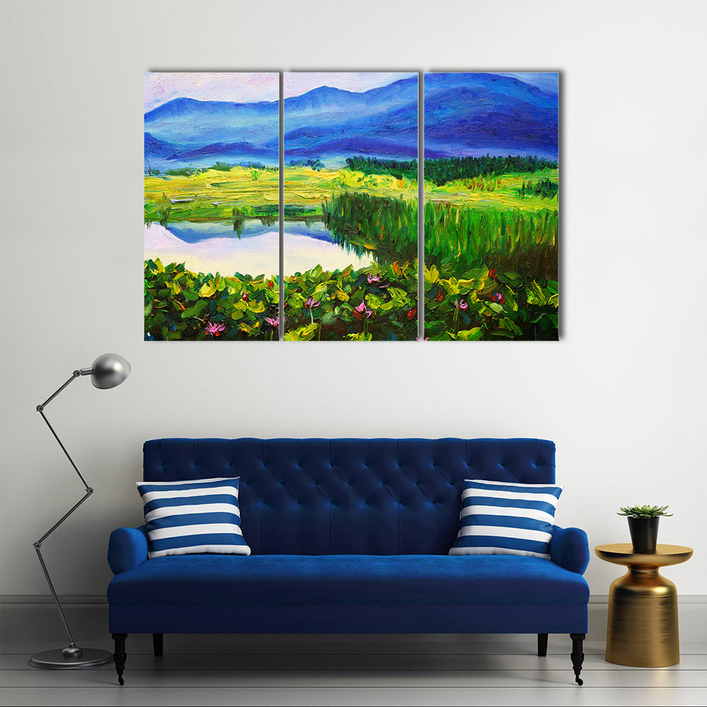 Summer Mountain Lake with Lotus Canvas Wall Art