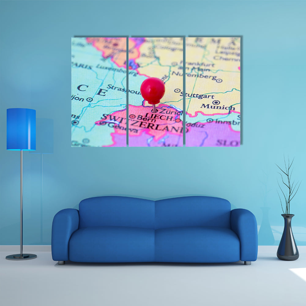 Red Pushpin on Map of Switzerland Canvas Wall Art