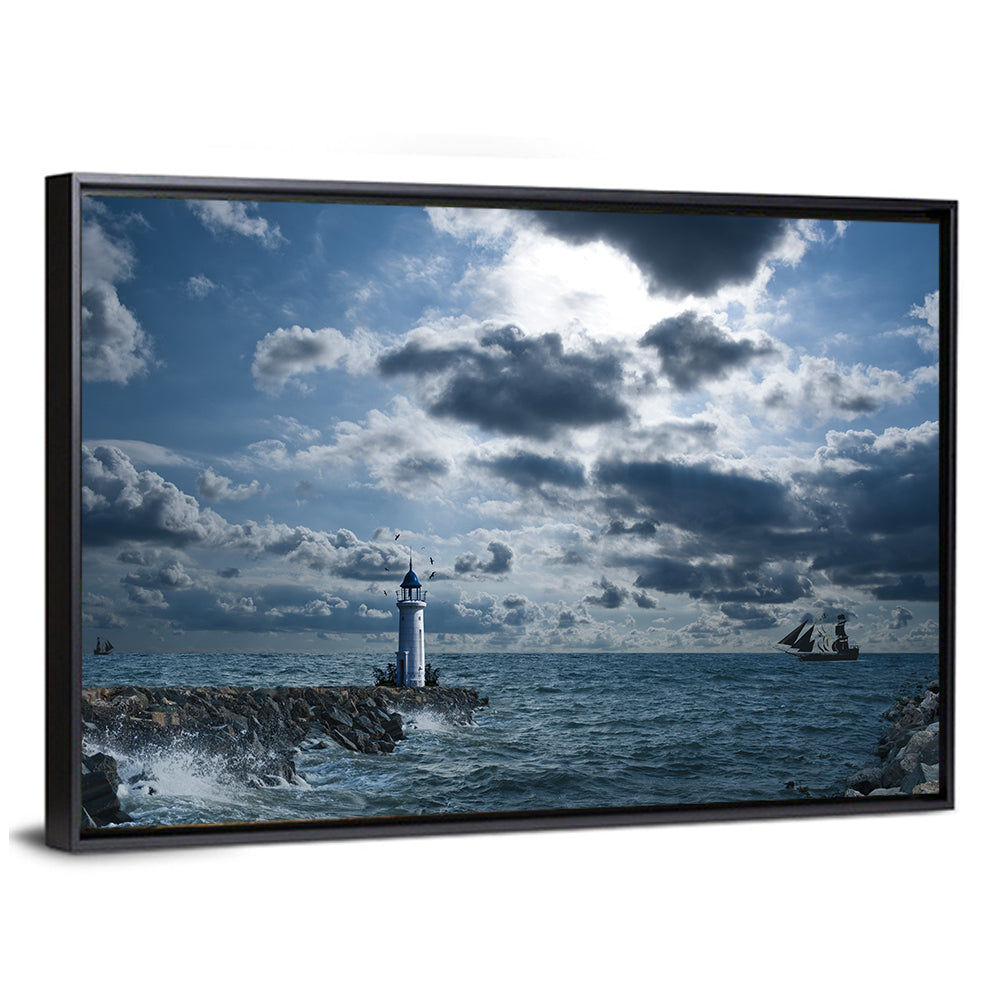 Lighthouse In Sea Storm Wall Art