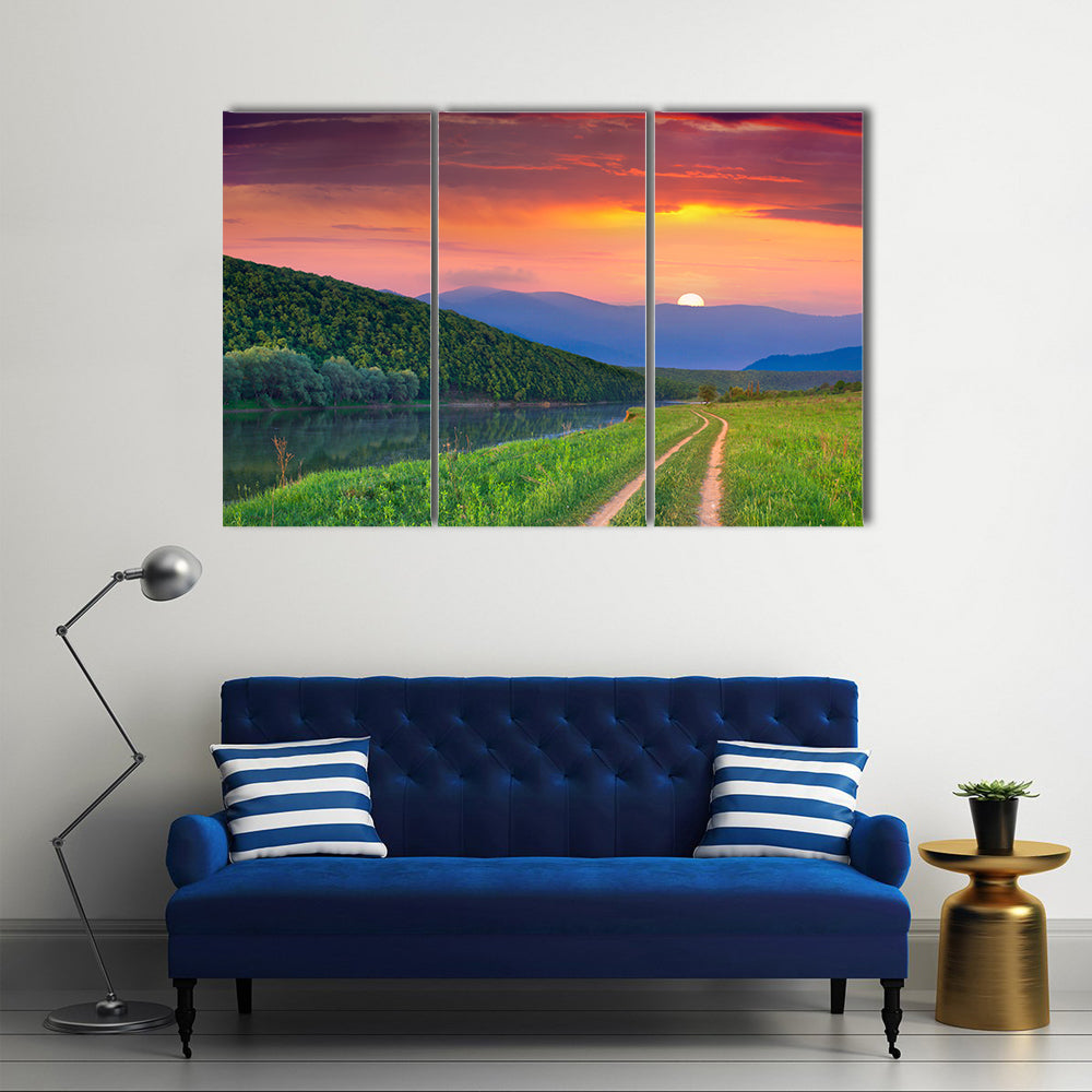 Sunset Meadow with River and Dirt Road Canvas Wall Art
