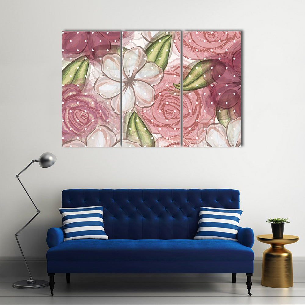 Pink Roses and White Blossoms Pattern Canvas Wall Art