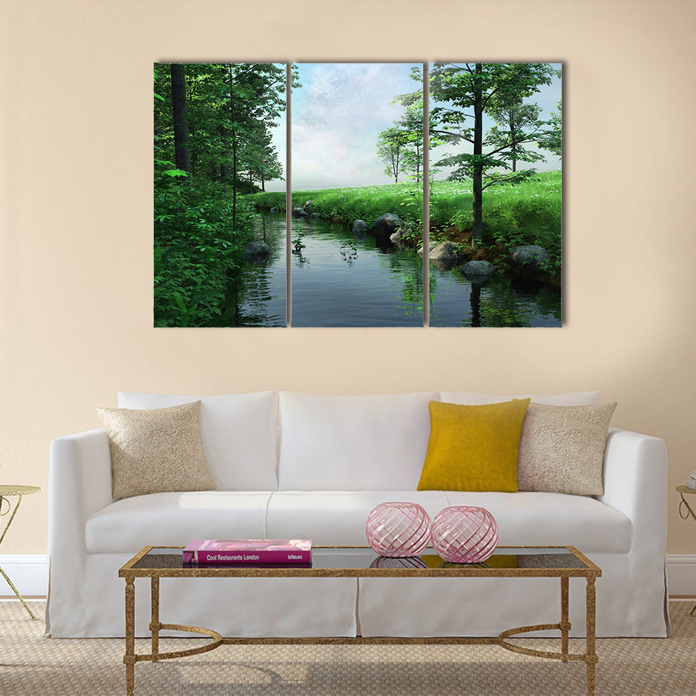 Green Meadow by a Winding Stream Canvas Wall Art