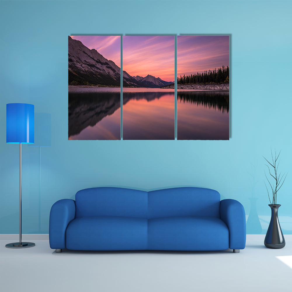Medicine Lake At Sunset In Canadian Rockies Canvas Wall Art