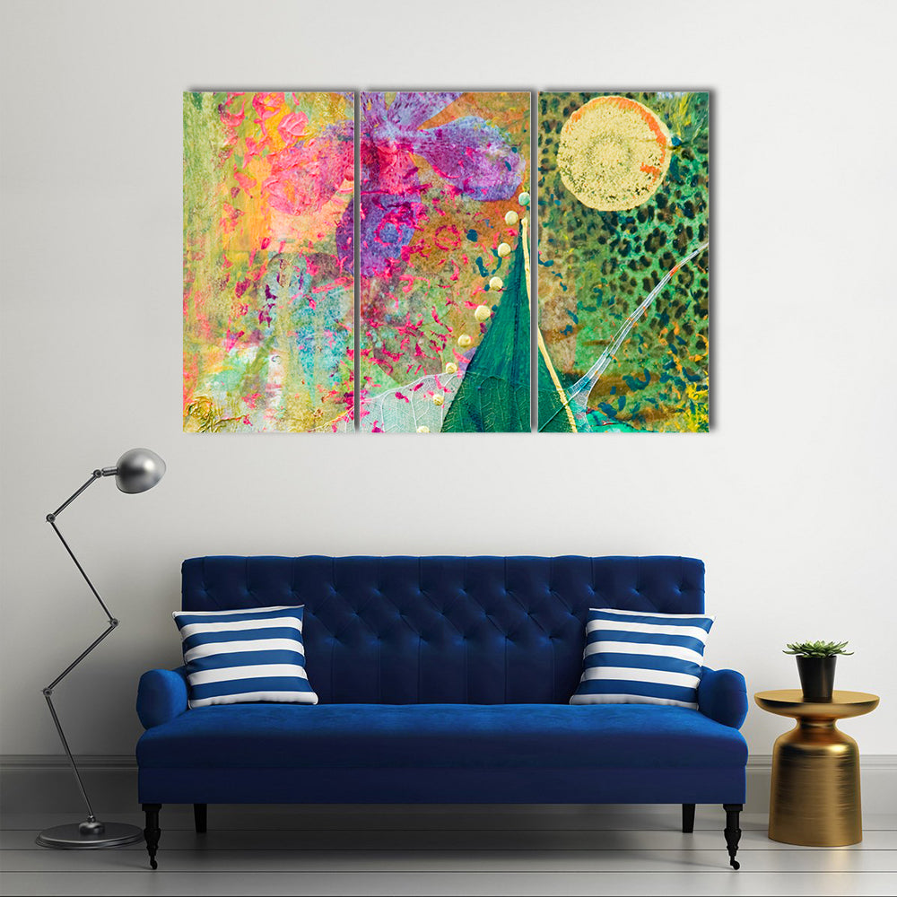 Green Leaf and Purple Orchid Abstract Canvas Wall Art