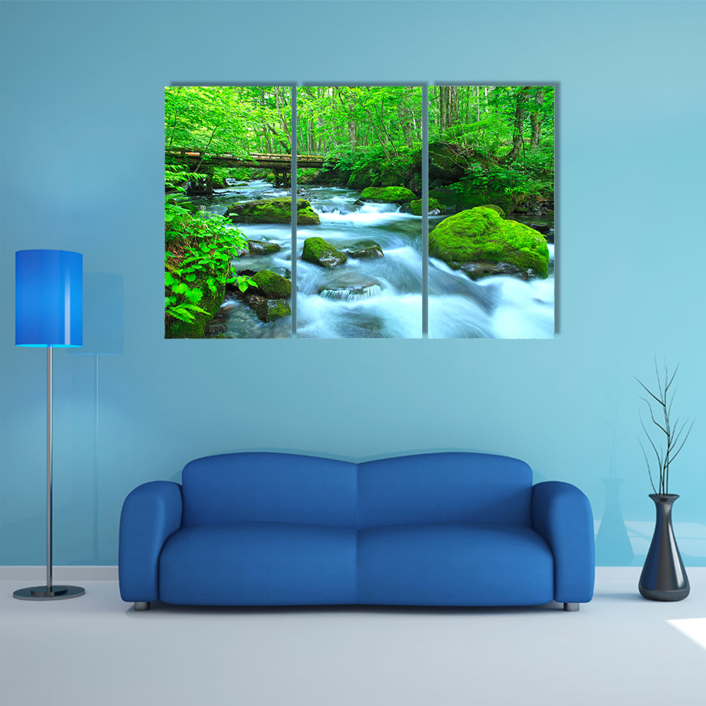 Stream In Spring Forest Canvas Wall Art in white, brown and green, framed print, product view on a white background