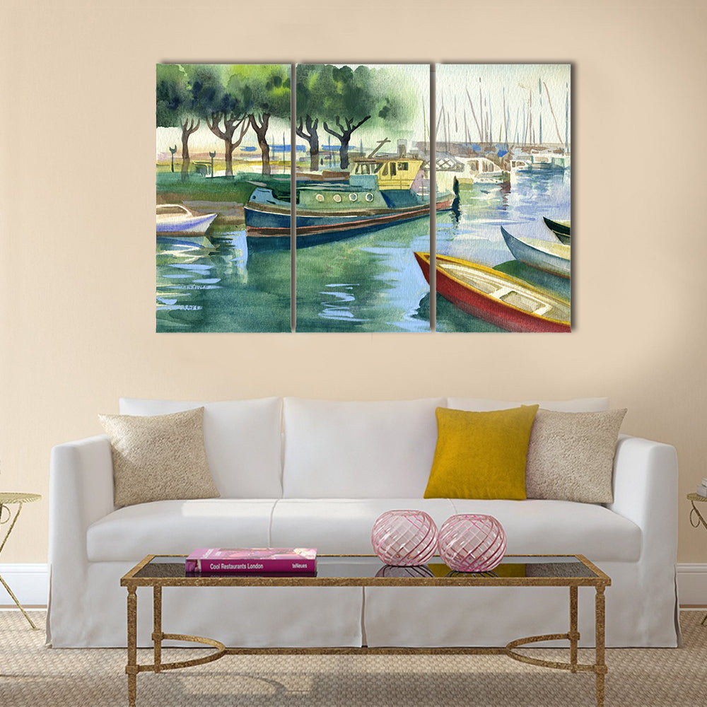 Watercolor Boats Canal Canvas Wall Art
