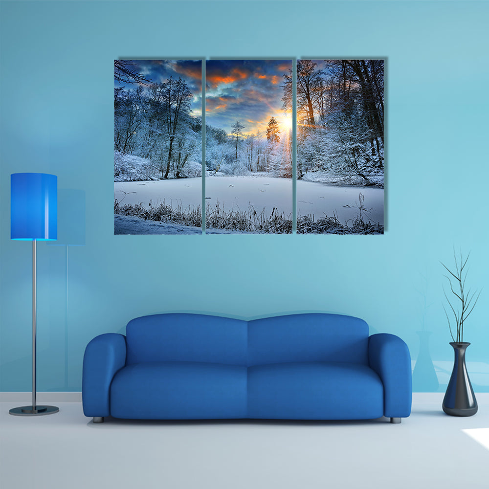 Spectacular Sunset Over Winter Forest Lake Canvas Wall Art
