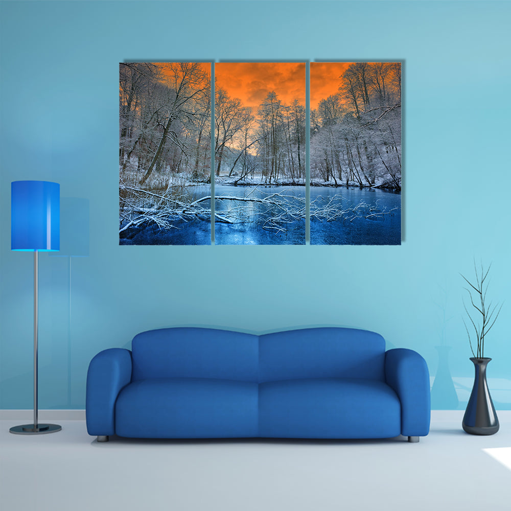 Orange Sunset Over White Winter Forest Canvas Wall Art