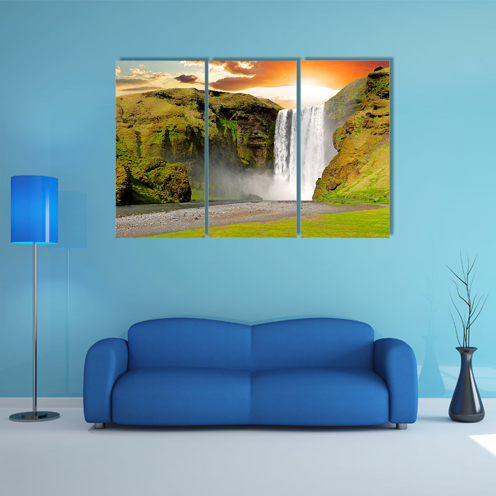 Skogafoss Waterfall At Sunset In Iceland Canvas Wall Art