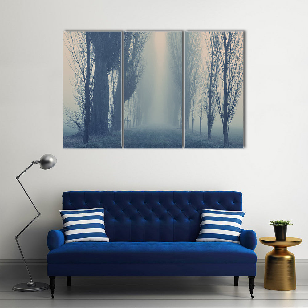 Autumn Fog in the Old Forest Canvas Wall Art in gray, beige and blue, 3 panel horizontal set hung on a wall