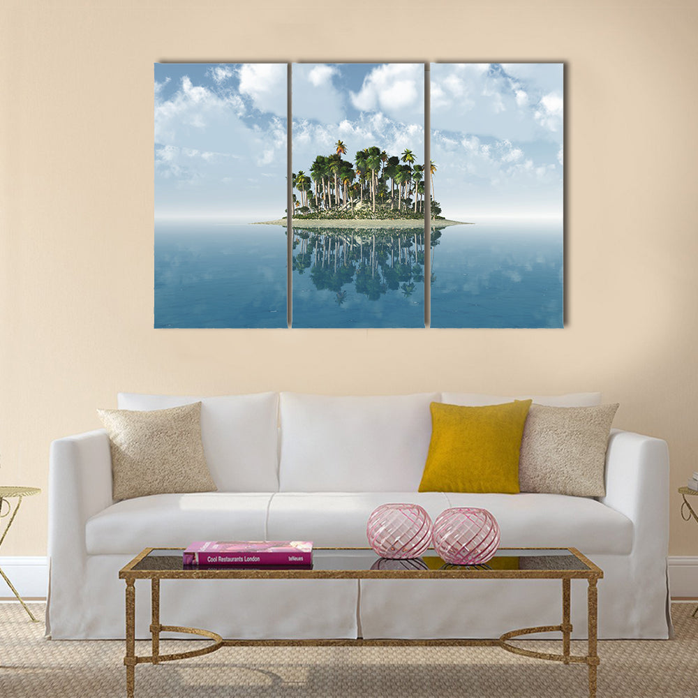 Tropical Island with Mirror Reflection Canvas Wall Art in white and blue, 3 panel horizontal set hung on a wall