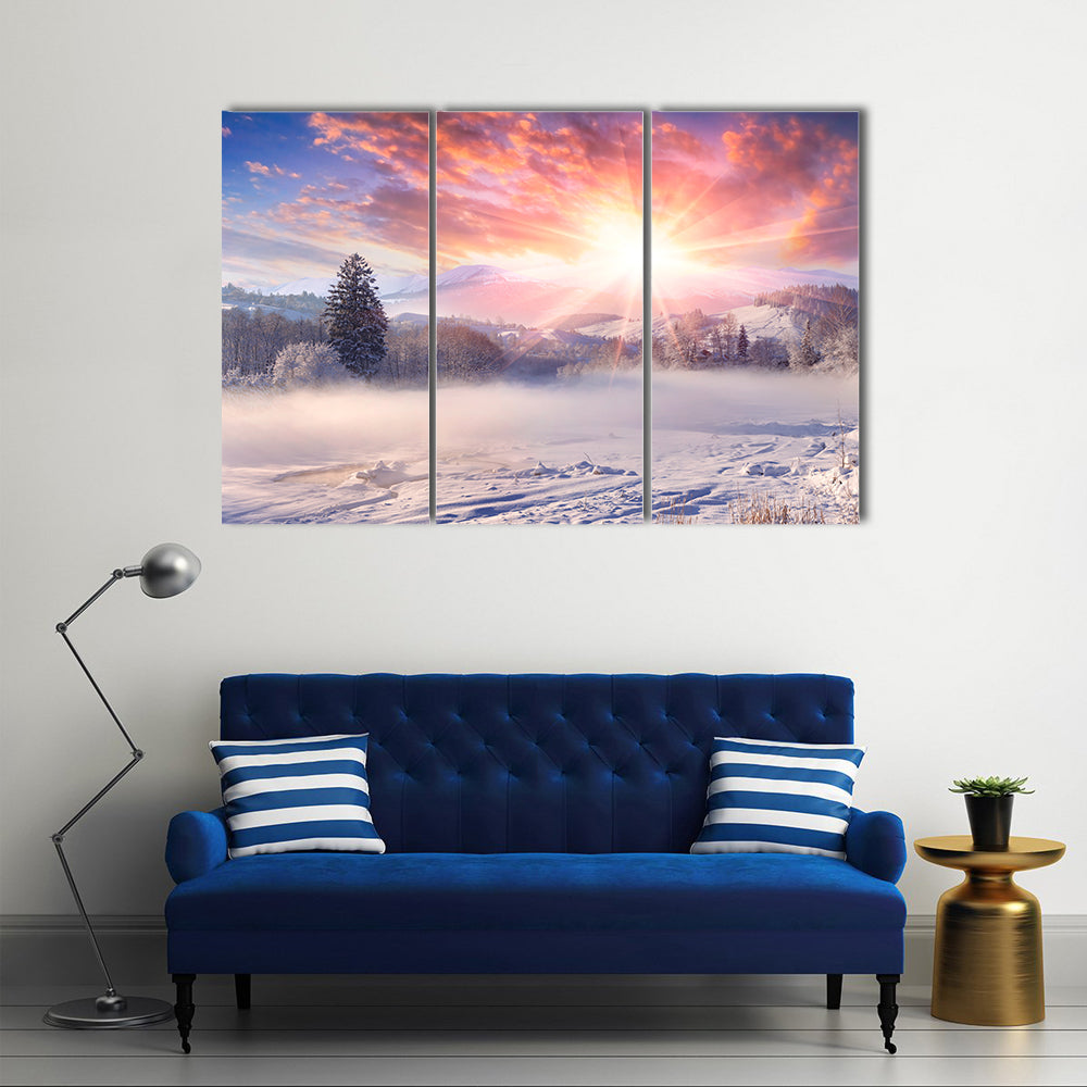 Winter Sunrise In Mountain Village Canvas Wall Art