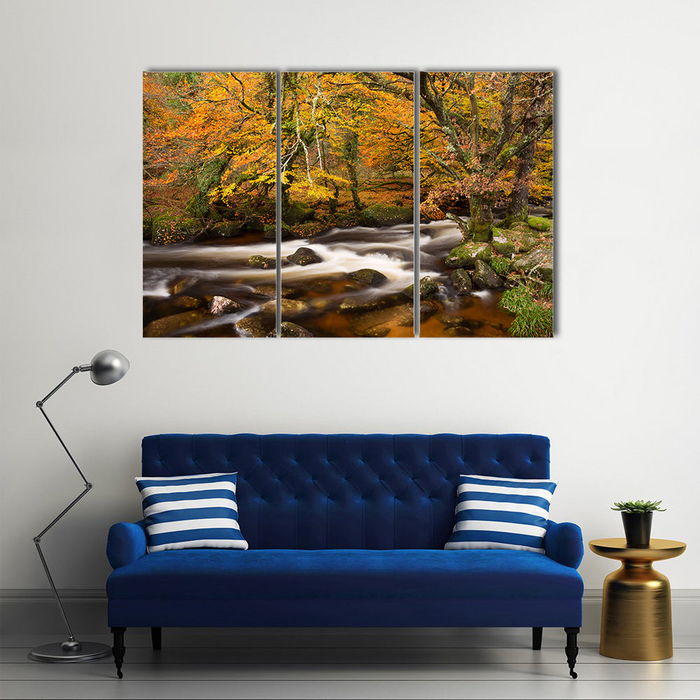 Autumn River in Dartmoor, Devon Canvas Wall Art in brown, orange and yellow, 3 panel horizontal set hung on a wall