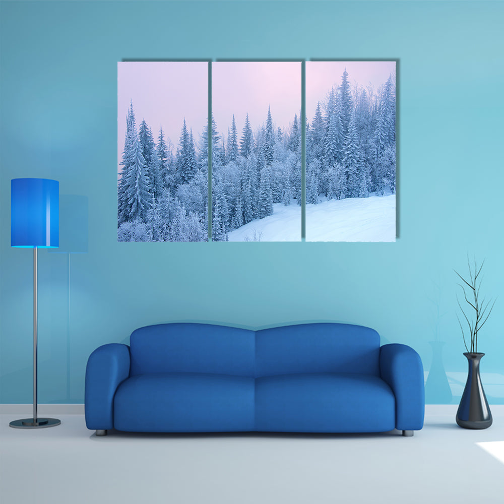 Winter Forest At The Sunset With Fog Canvas Wall Art