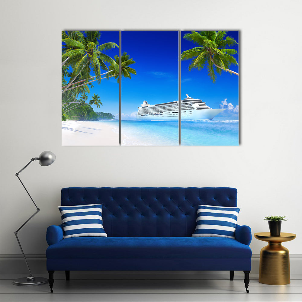 Cruise Ship in Tropical Waters Canvas Wall Art in white, green and blue, 3 panel horizontal set hung on a wall