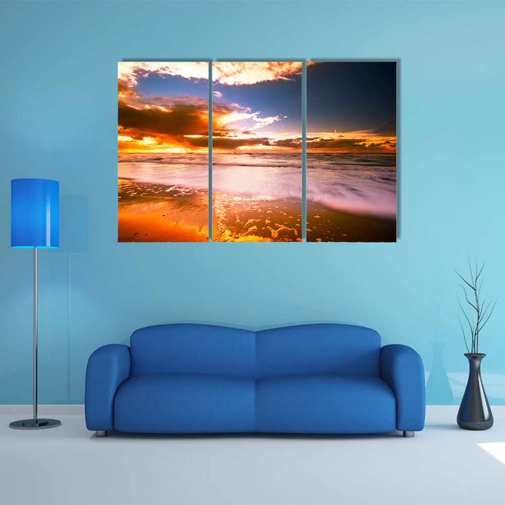 Sunset And Waves On The Beach Canvas Wall Art