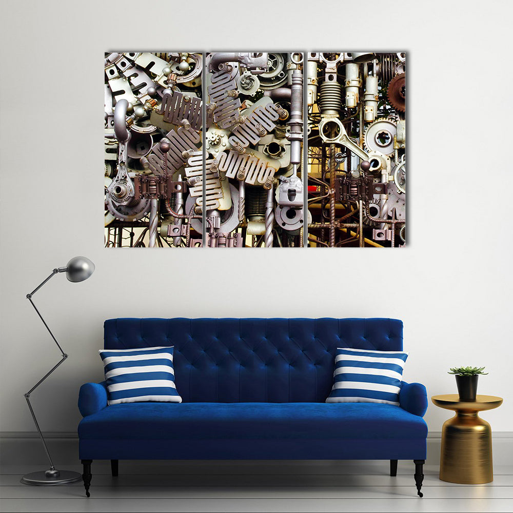 Assembled Metal Machine Parts Canvas Wall Art in gray and silver, framed print, product view on a white background