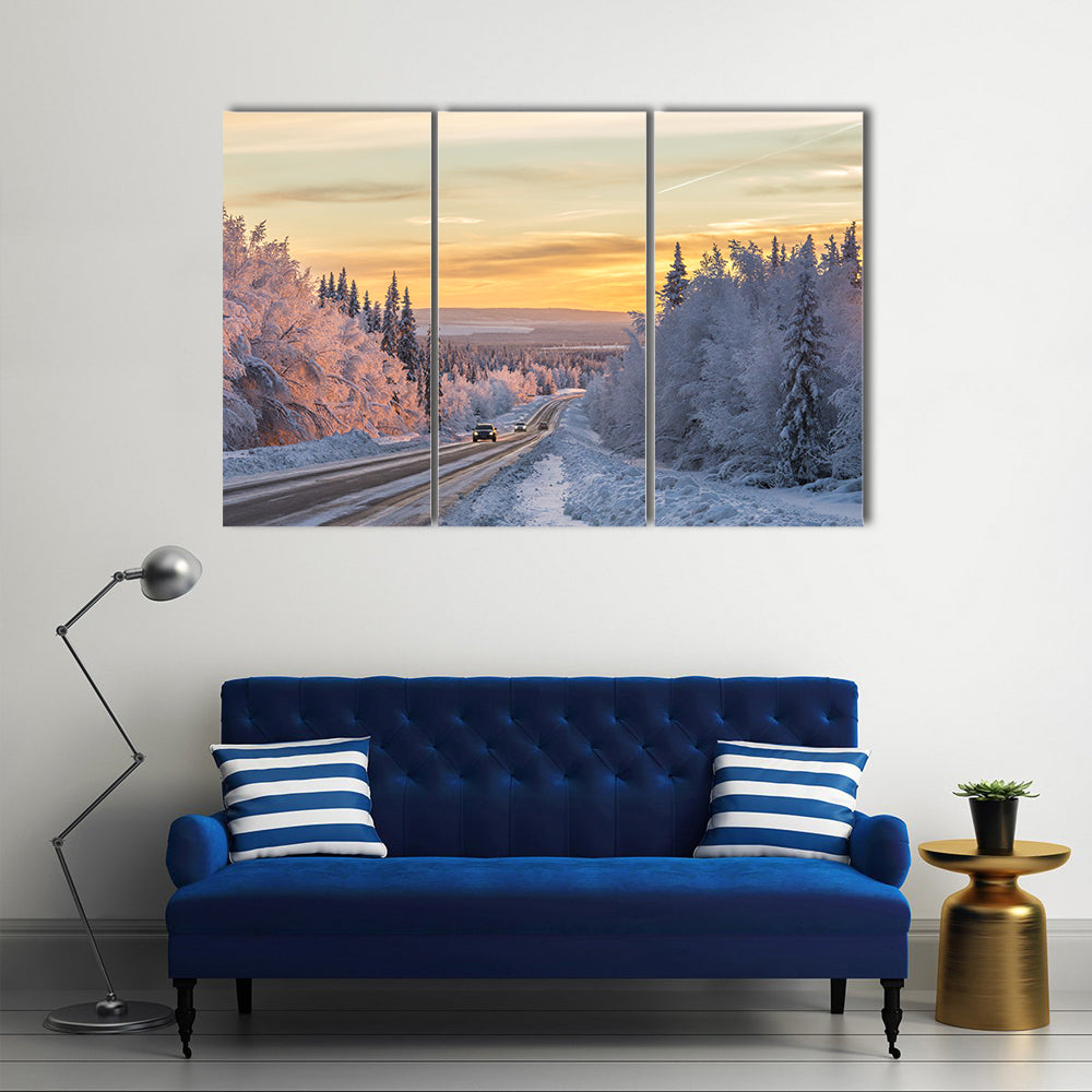 Winter Road In Northern Sweden Canvas Wall Art