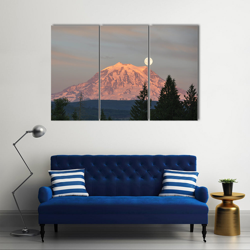 Supermoon Over Mount Rainier Canvas Wall Art in white, gray and pink, 3 panel horizontal set hung on a wall