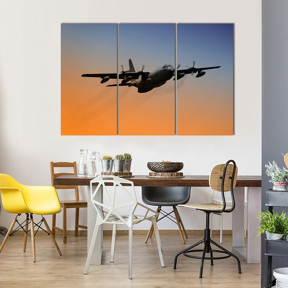 Military Airplane Flying Into Early Morning Sky Canvas Wall Art