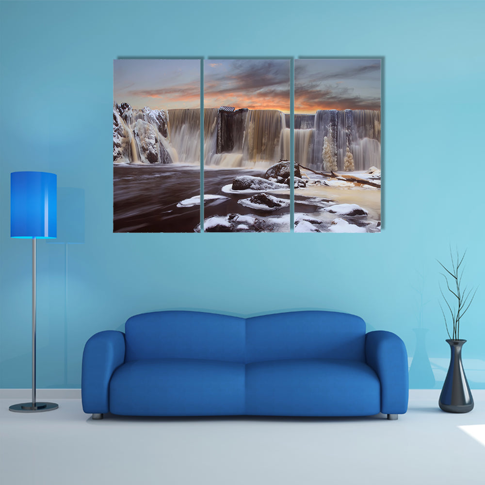 Winter Falls In Finnish Dam Canvas Wall Art