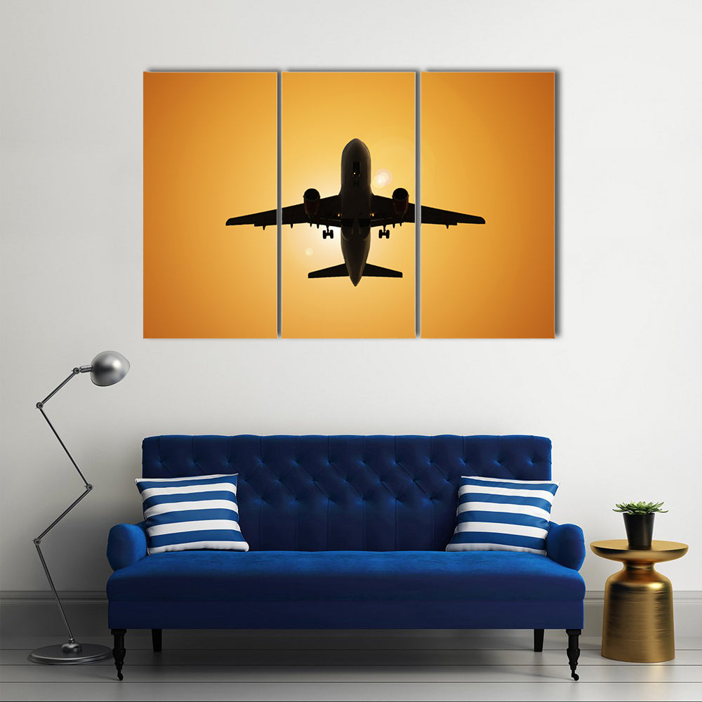 Airplane Silhouette Against the Sun Canvas Wall Art