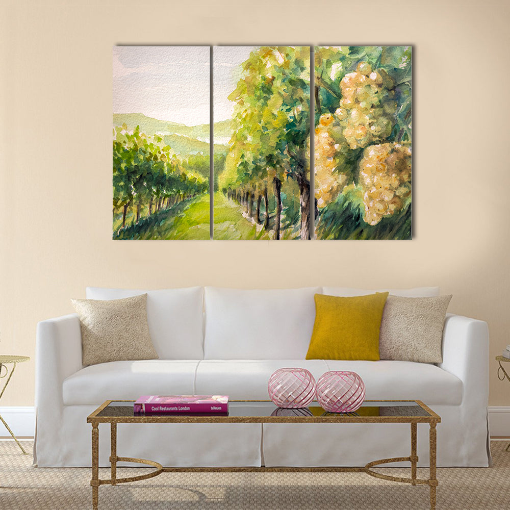 Sunlit Watercolor Vineyard Canvas Wall Art