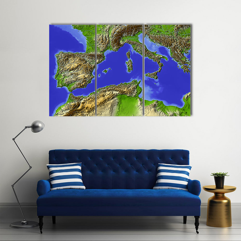 Shaded Relief Map of the Mediterranean Canvas Wall Art