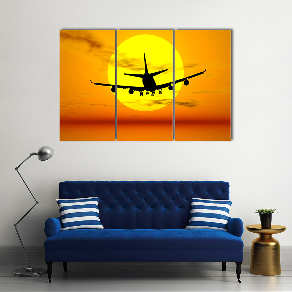 Airplane Silhouette Over Tropical Sunset Canvas Wall Art