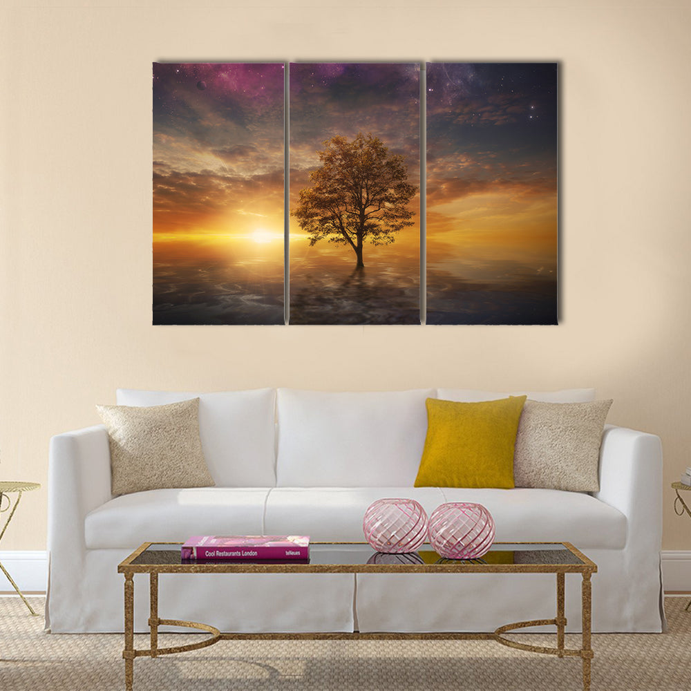 Surreal Tree Over Lake at Sunset Canvas Wall Art