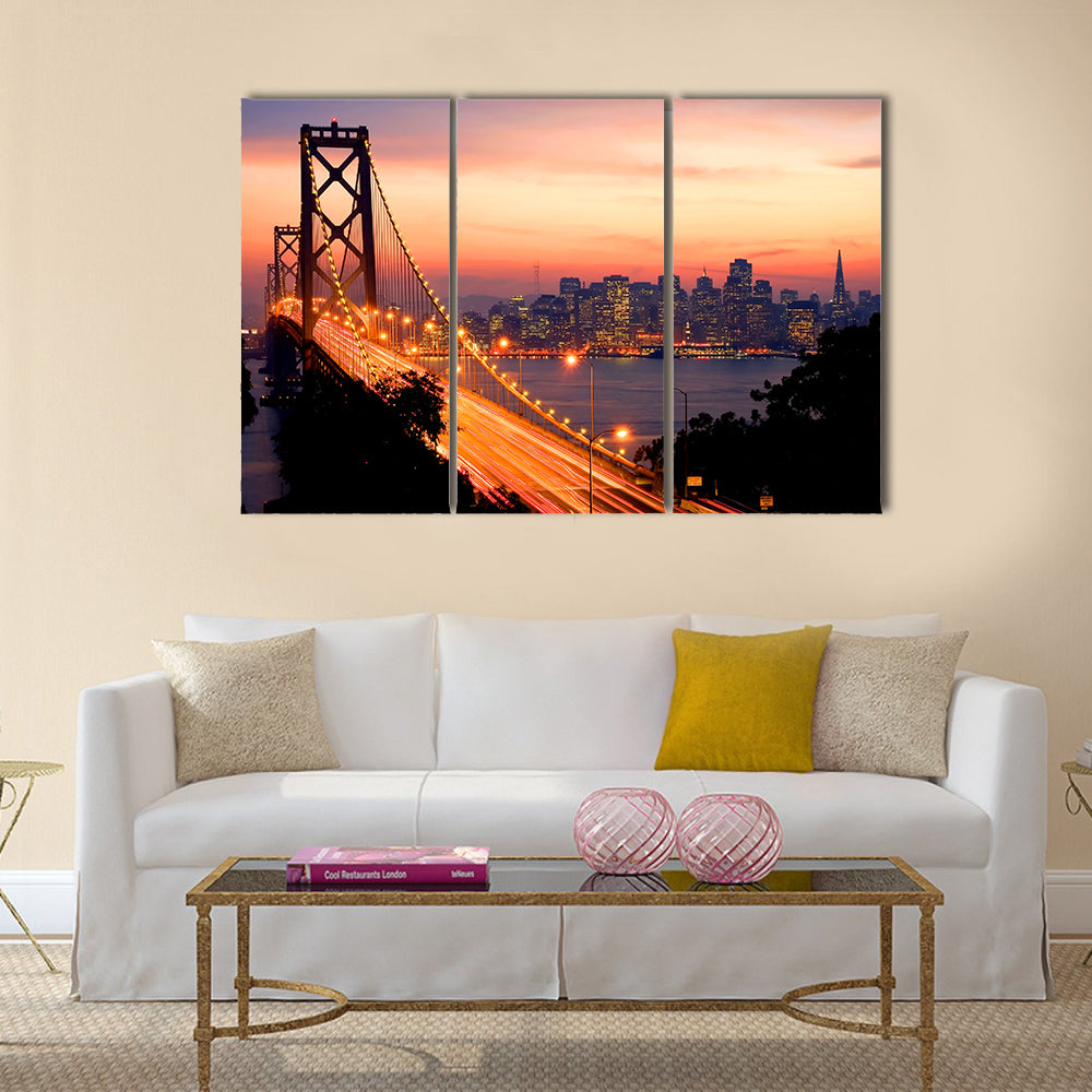 San Francisco And Bay Bridge At Sunset Canvas Wall Art