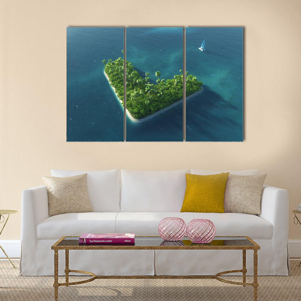 Heart-shaped Tropical Island with Sailboat Canvas Wall Art in green and blue, 3 panel horizontal set hung on a wall