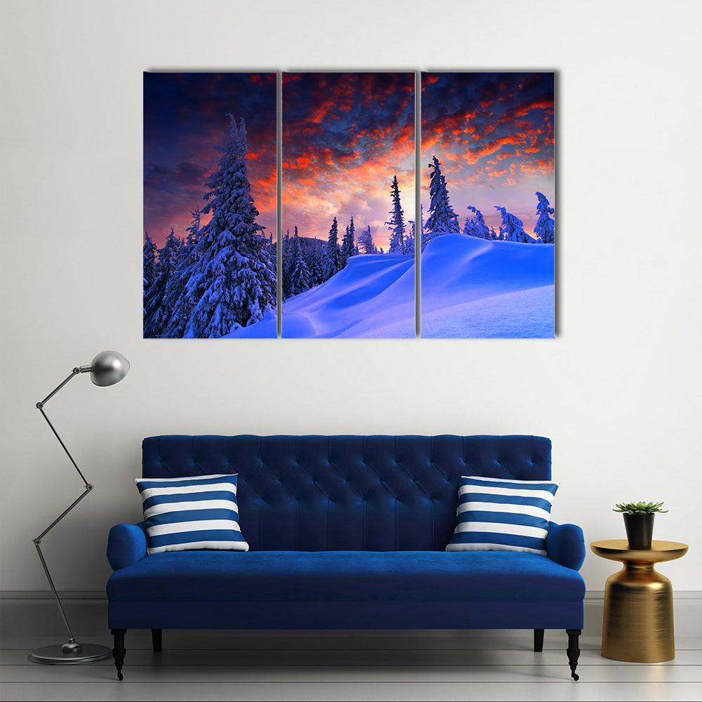 Snowy Winter Landscape At Sunset Canvas Wall Art