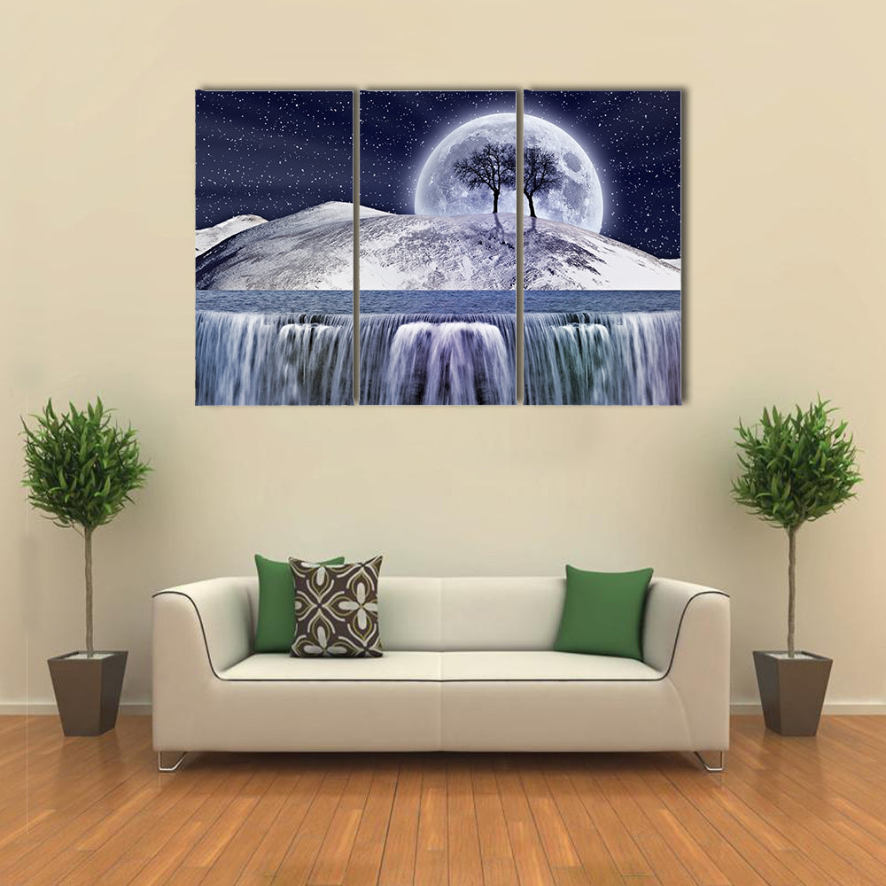 Winter Moonlight Landscape with Waterfall Canvas Wall Art