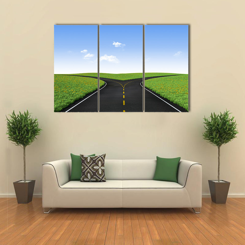 Forked Road in Sunlit Meadows Canvas Wall Art