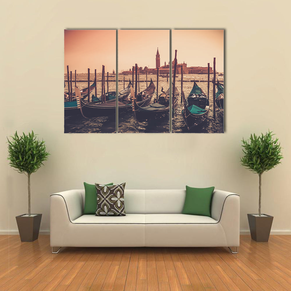 Gondolas Against Venice Panorama In Canal Canvas Wall Art