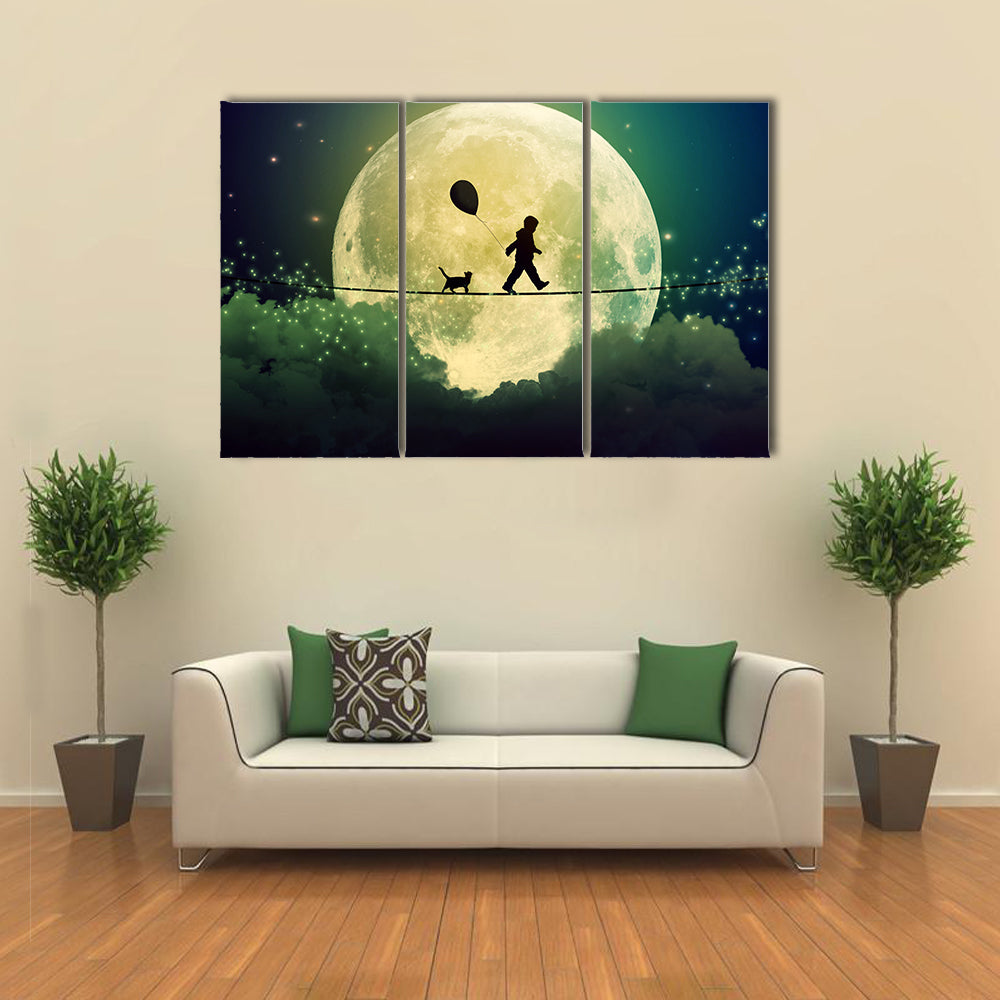 Child on Tightrope Under Full Moon Canvas Wall Art