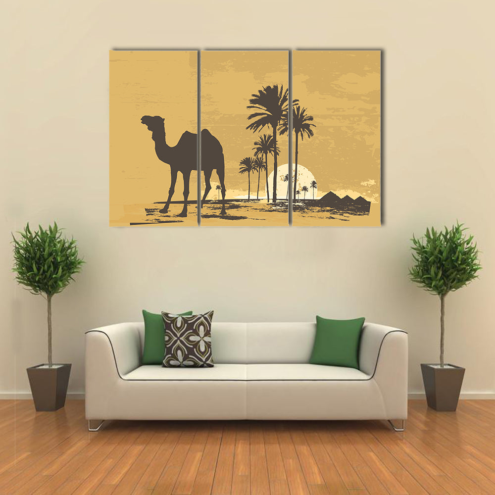 African Desert Sunset with Camel Silhouette Canvas Wall Art