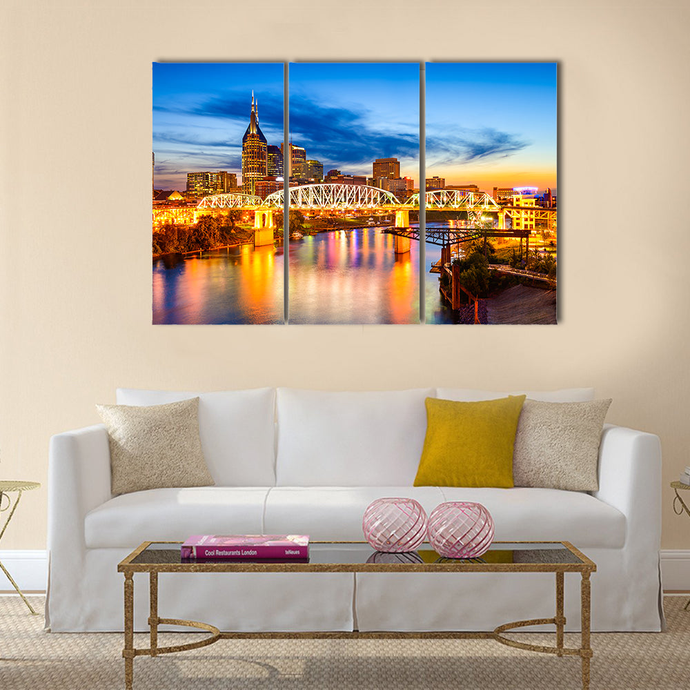 Nashville Skyline with Pedestrian Bridge at Dusk Canvas Wall Art
