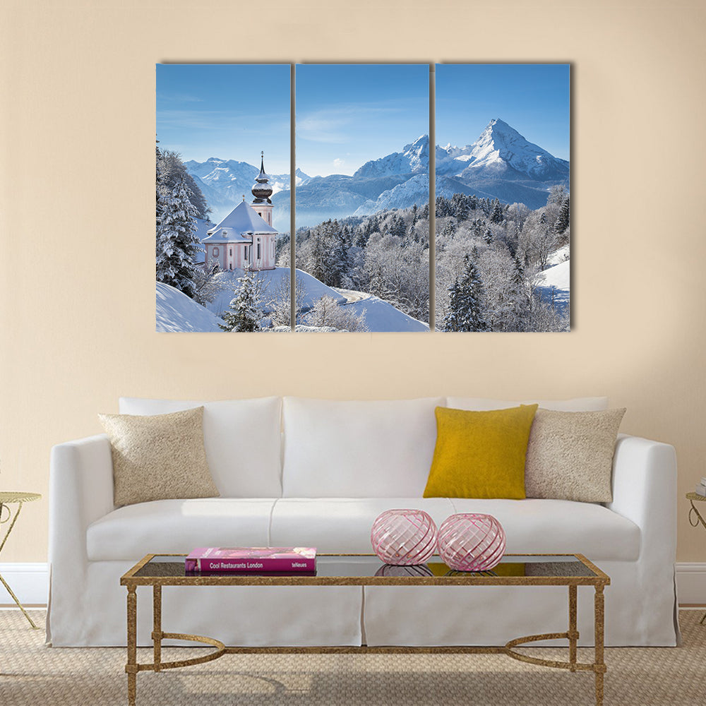 Snowy Alps With Church In Bavaria Canvas Wall Art