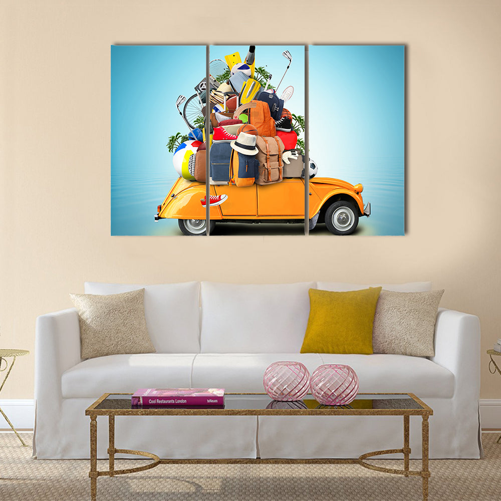 Yellow-orange 2cv with Overloaded Luggage Canvas Wall Art in orange, yellow and blue, 3 panel horizontal set hung on a wall