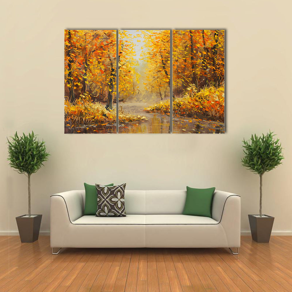 Golden Autumn Along a River Canvas Wall Art
