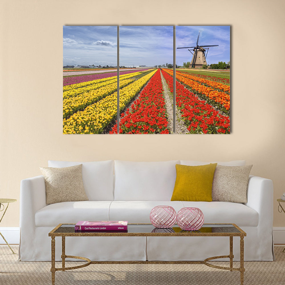 Colorful Dutch Tulip Fields with Windmill Canvas Wall Art