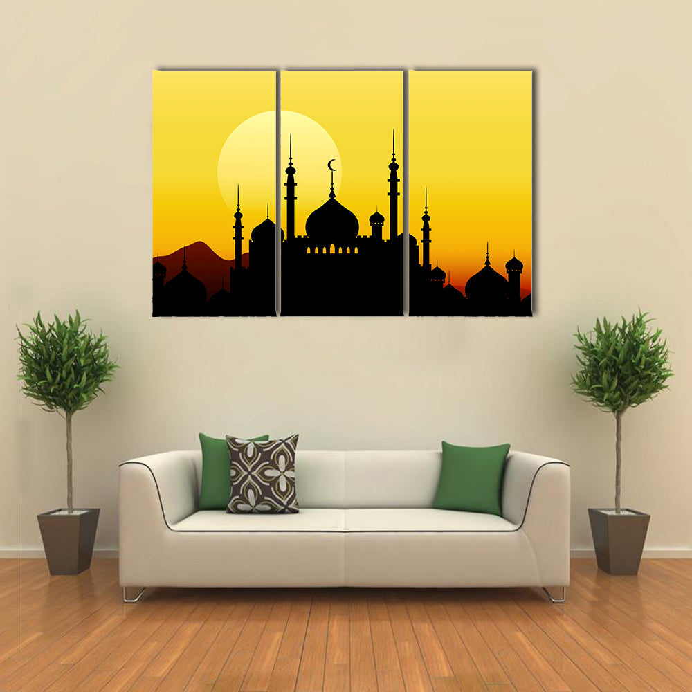 Ramadan Mosque Silhouette with Golden Sun Canvas Wall Art