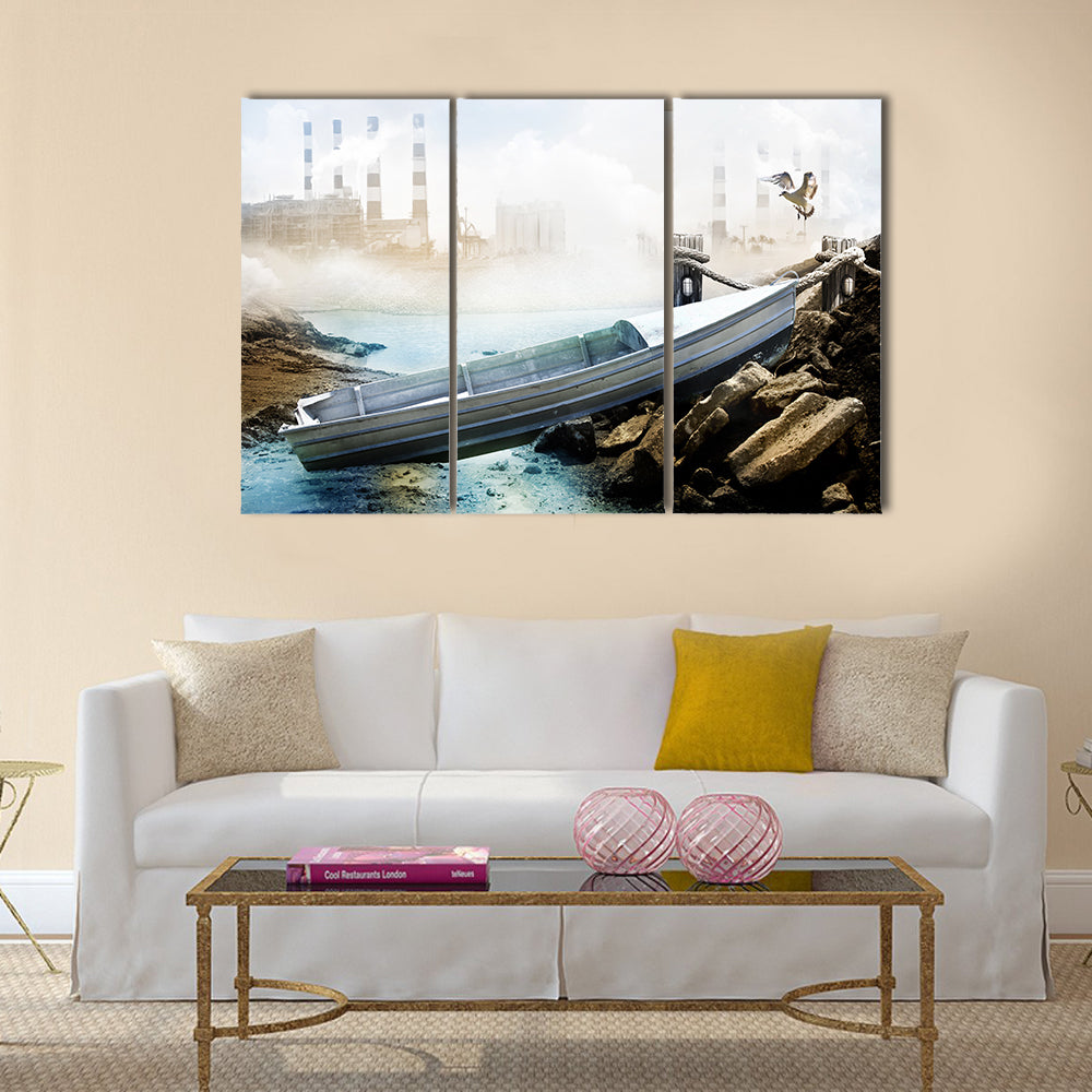 Weathered Boat at Industrial Shoreline Canvas Wall Art