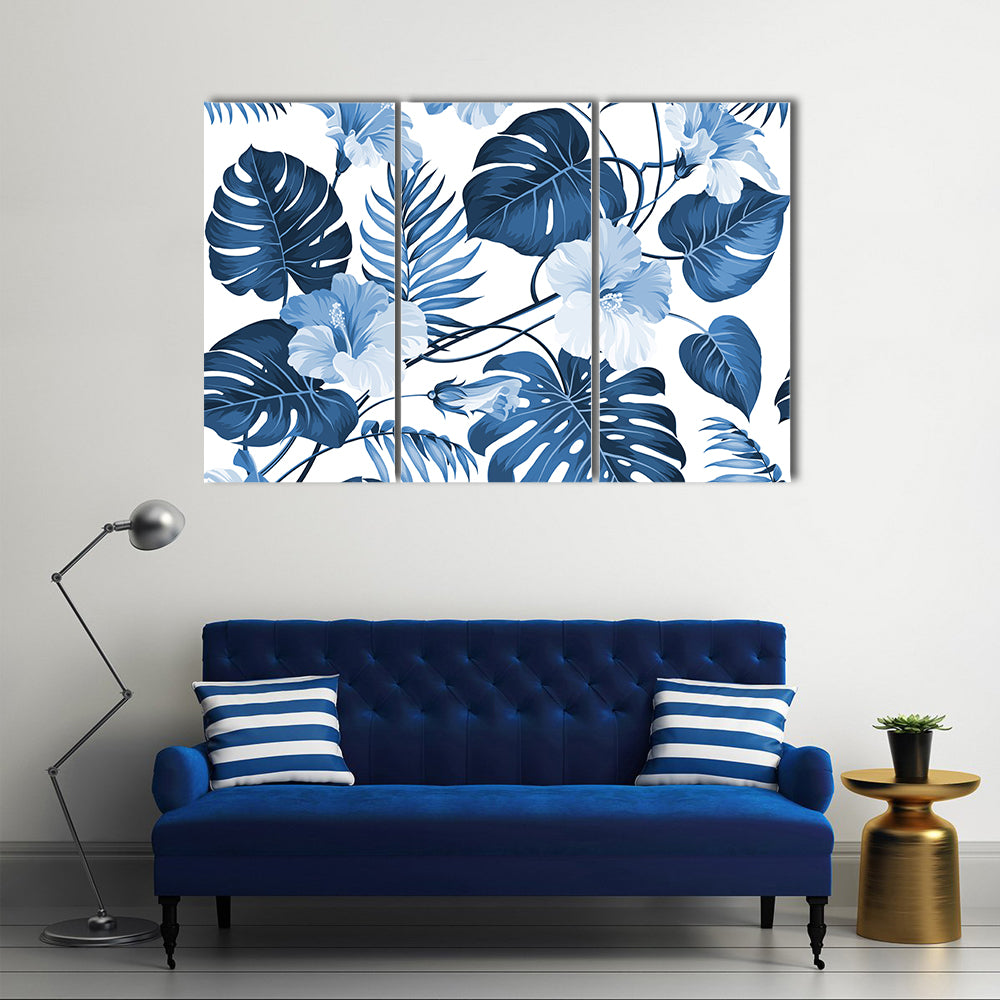 Navy Blue Tropical Leaves Pattern Canvas Wall Art
