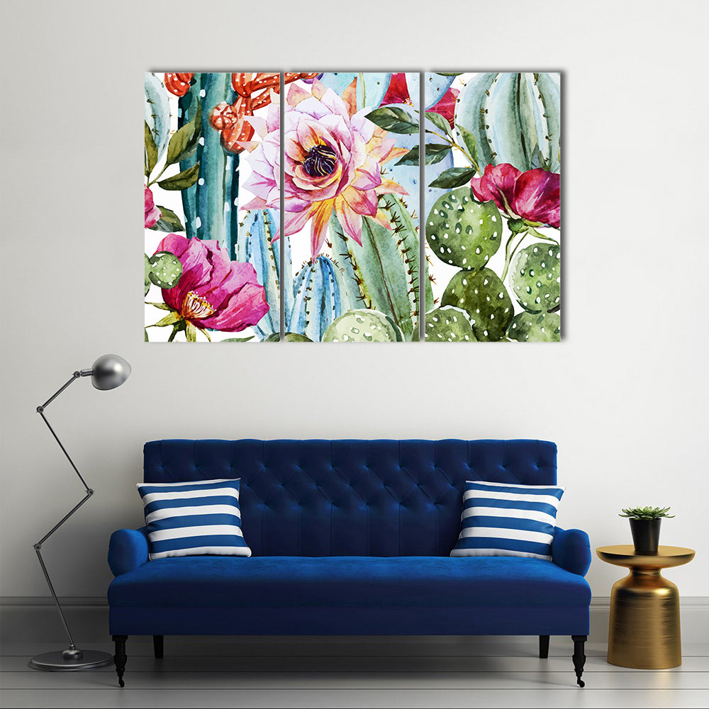 Watercolor Cactus Pattern with Pink Blooms Canvas Wall Art